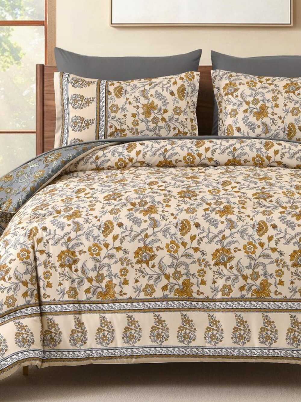 Boho Comforter Set Queen,Beige Brown Bedding Paisley Floral 7 Piece Bed in a Bag